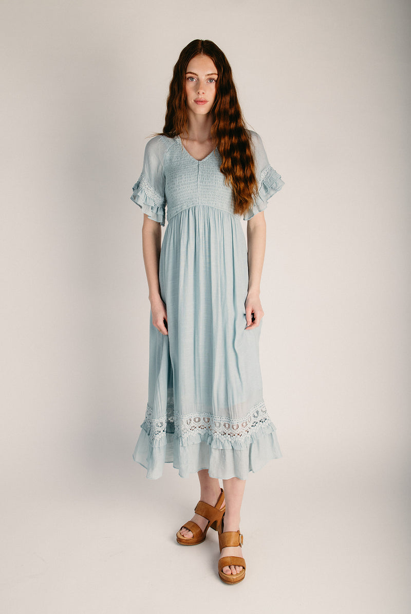 The Hannah Smocked Midi Dress in Light Blue Large
