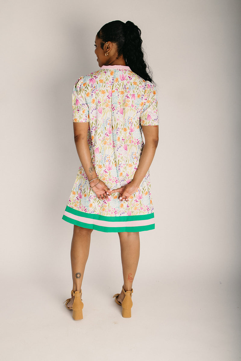 The Quintera Mock Neck Shift Dress in Pink + Green Floral 2X-Large