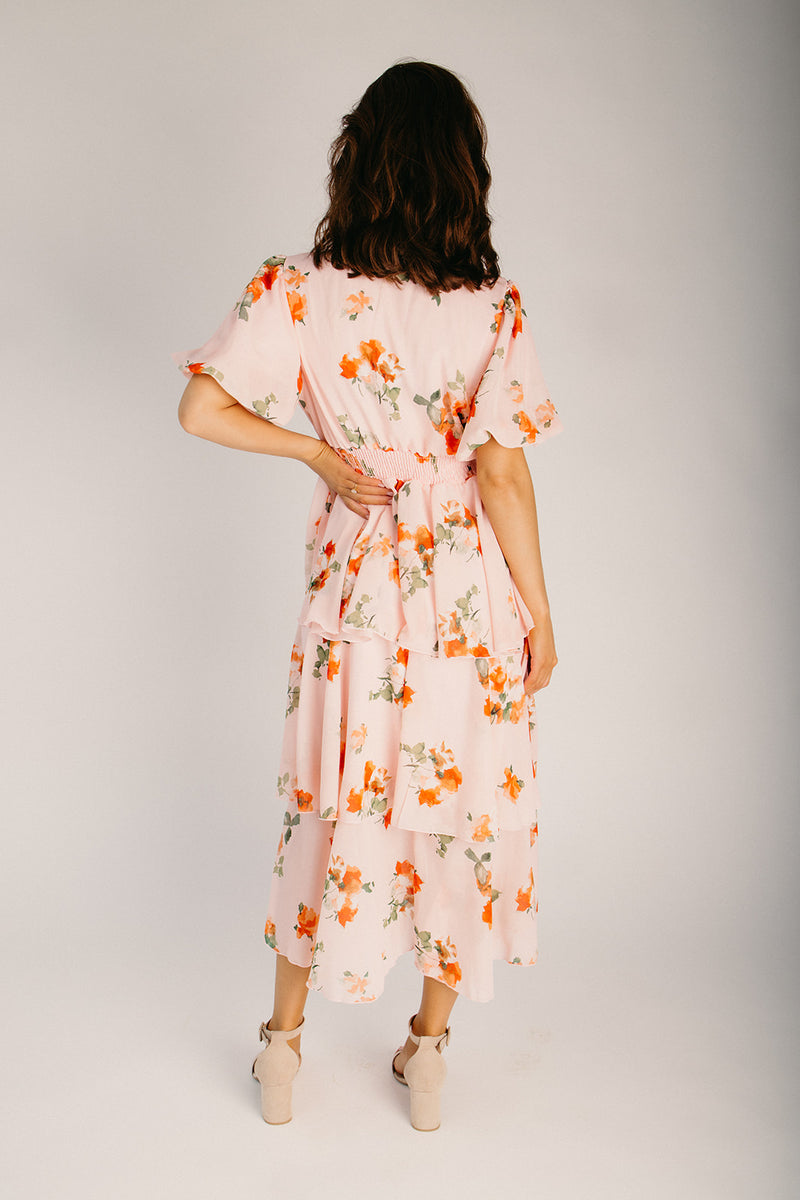 The Crowell Tiered Floral Dress in Peach Small