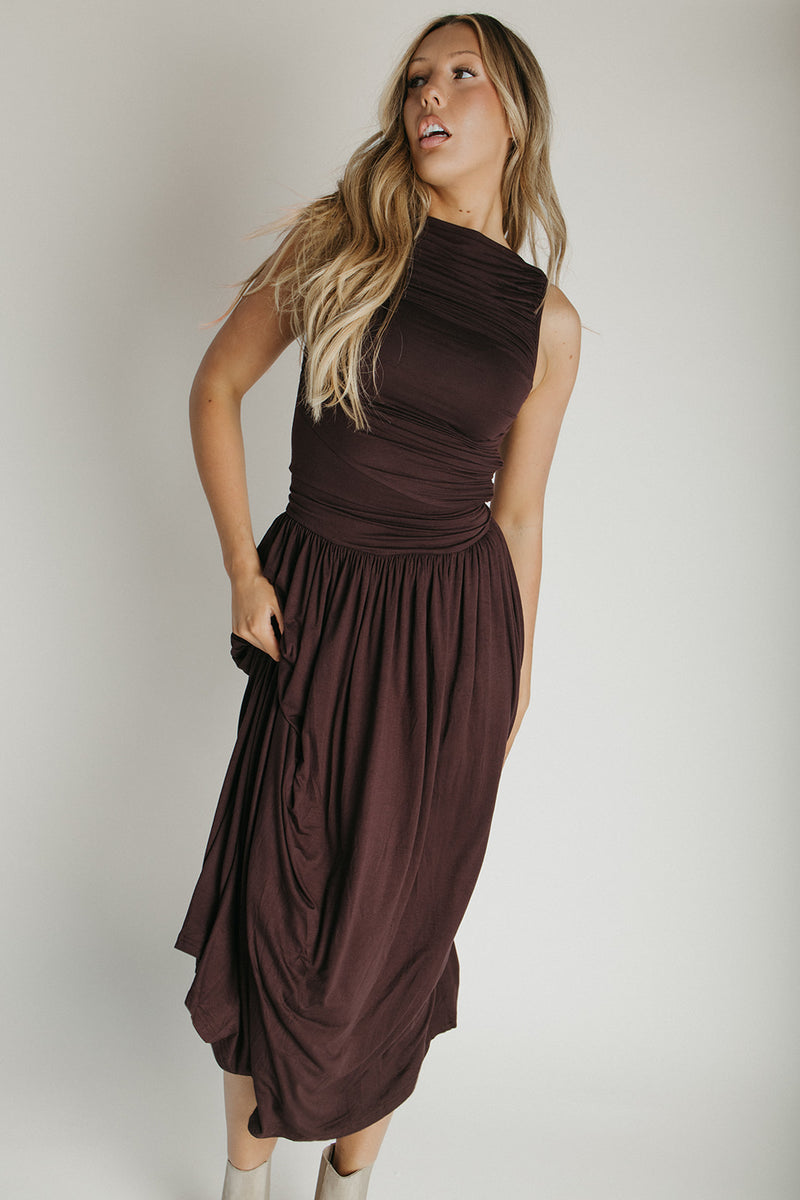 The Statham Boat Neck Maxi Dress in Chocolate The Statham Boat Neck Maxi Dress in Chocolate
