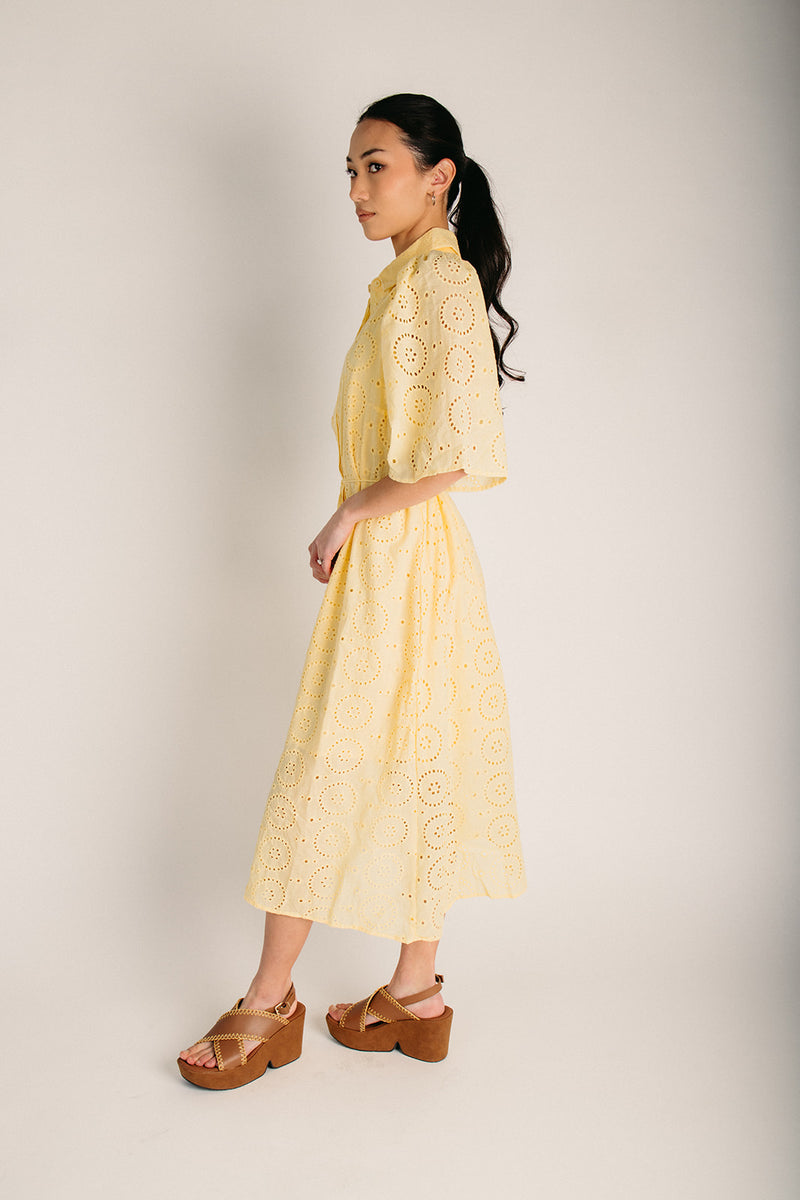 knee length dresses for ladies The Casper Eyelet Midi Dress in Spring Yellow – Piper & Scoot