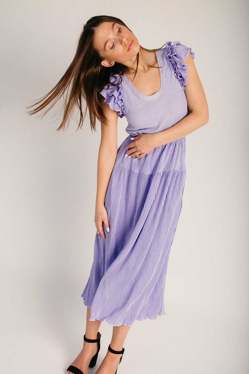midi lavender dress The Swensen Textured Midi Dress in Lavender Large