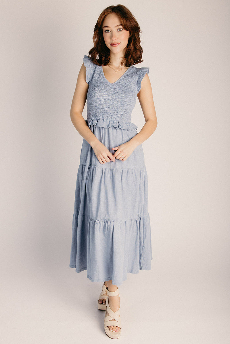 The Renfrow Smocked Midi Dress in Dusty Blue – Piper & Scoot