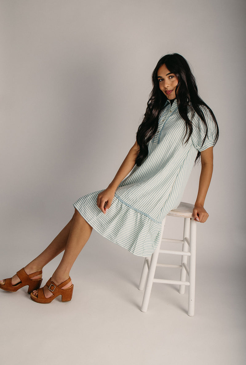 The Harwell Collared Dress in Cream + Blue Stripe Medium
