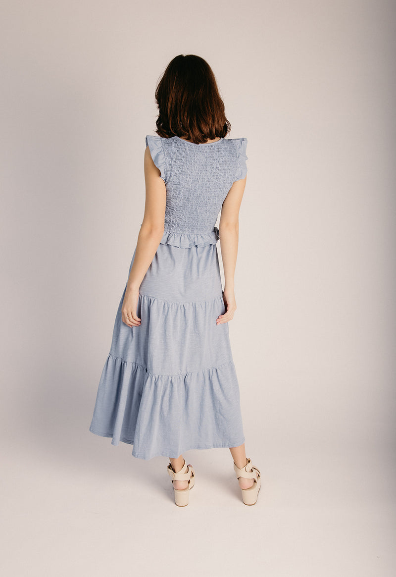 dusty blue midi dress The Renfrow Smocked Midi Dress in Dusty Blue Medium