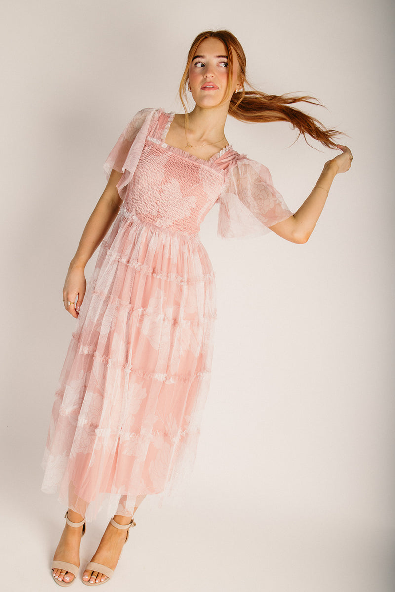 The Sunstrom Floral Ruffle Midi Dress in Pink Blush  Piper & Scoot