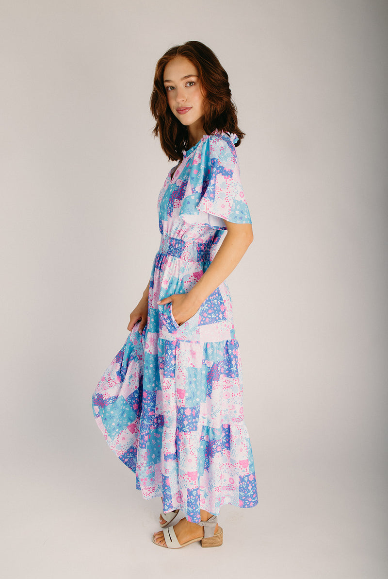 patterned midi dress Maeve Slim Geo Print Midi Dress with Smocked Waistline Green The Barker Floral Patterned Midi