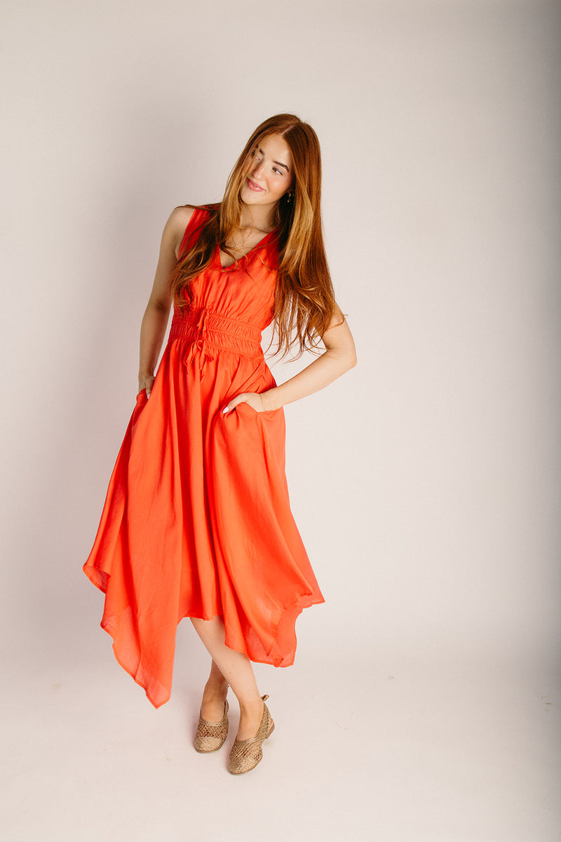 The Zambito Handkerchief Hem Midi Dress in Vermillion Red Large The Zambito Handkerchief Hem Midi Dress in Vermillion Red Large