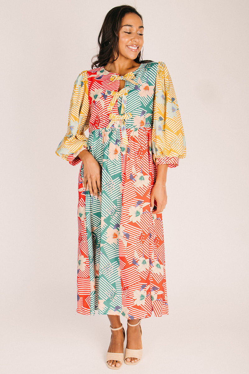 mixed fabric midi dress The Crovo Mixed Pattern Midi Dress in Multi Small