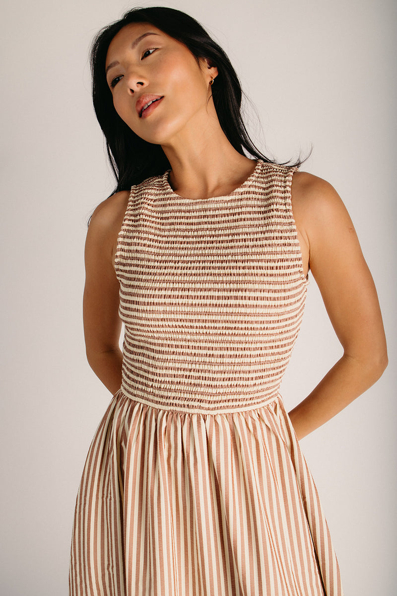 The Sopata Smocked Maxi Dress in Brown Stripe Small The Sopata Smocked Maxi Dress in Brown Stripe Small
