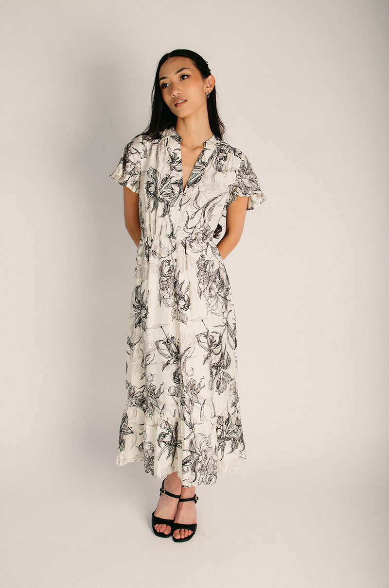 The Sarah Patterned Midi Dress in Cream Black Small The Sarah Patterned Midi Dress in Cream Black Small
