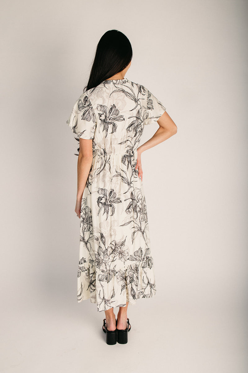 The Sarah Patterned Midi Dress in Cream Black Piper & Scoot The Sarah Patterned Midi Dress in Cream Black Piper & Scoot