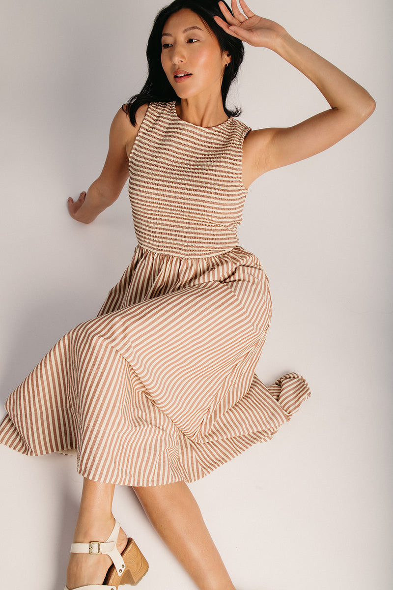 The Sopata Smocked Maxi Dress in Brown Stripe Small