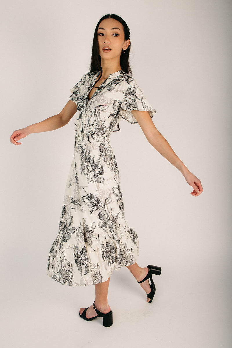 The Sarah Patterned Midi Dress in Cream Black Small