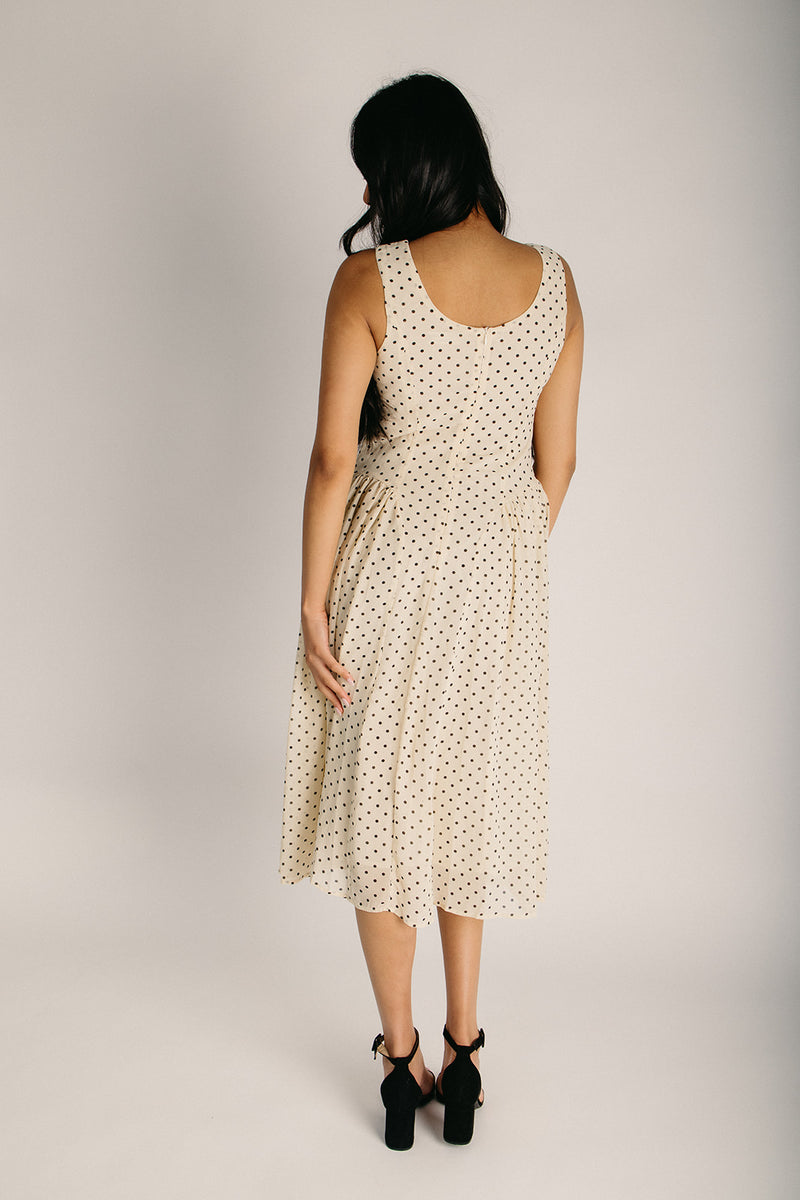The Cravens Classic A-Line Polka Dot Midi Dress in Cream Large