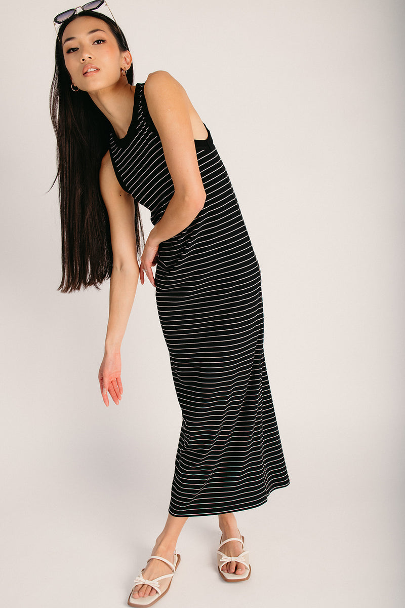 The Libero Striped Ribbed Knit Dress in Ivory + Black Medium