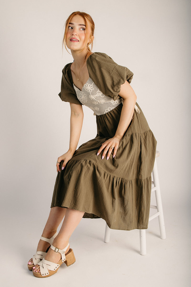 formal gown burgundy dress The Ballif Crochet Bust Midi Dress in Olive Small