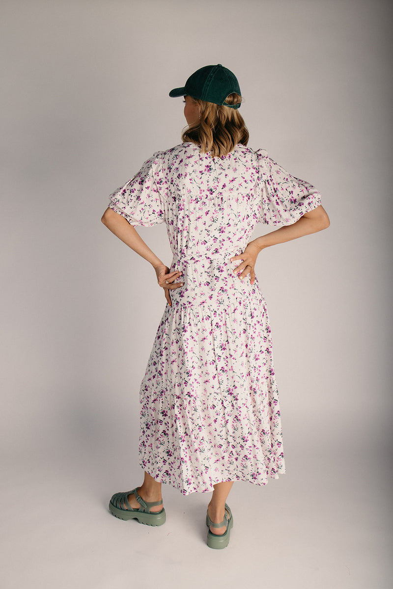 The Kamri Ruffled Floral Maxi Dress in Lavender Small