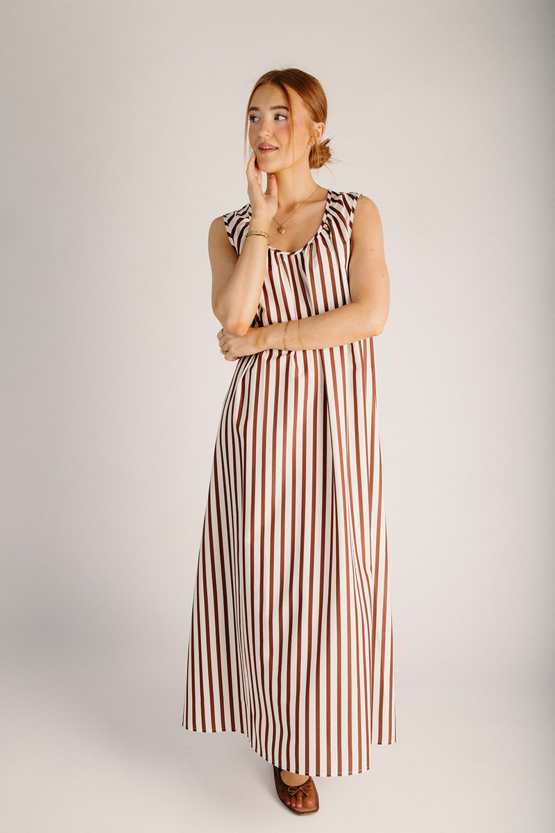 The Fredrickson Striped Maxi Dress in Brown + White