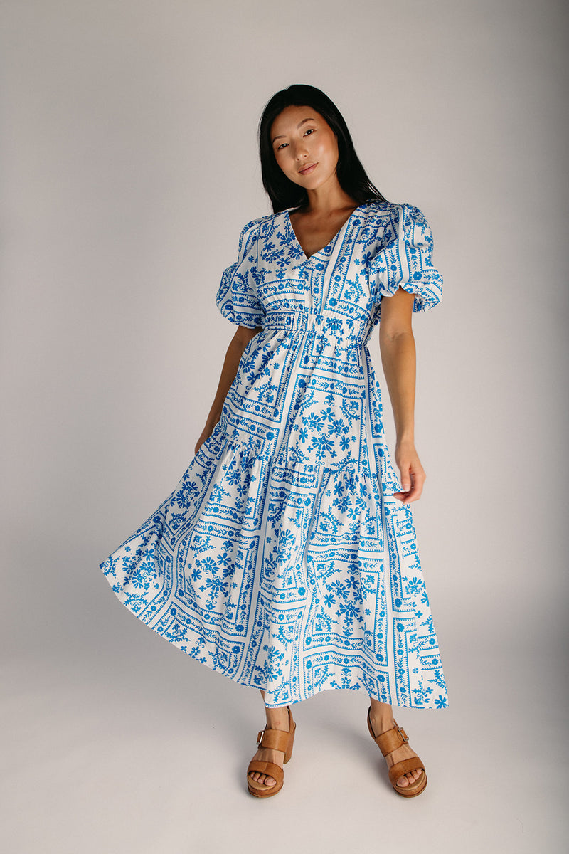 The Alina Bandana Print Midi Dress in White + Blue – Piper & Scoot
