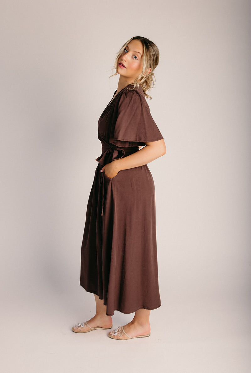 high waisted wrap dress The Harrington Flutter Sleeve in Espresso Small western glam outfit