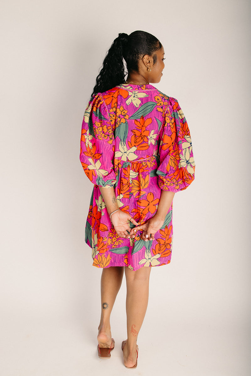 neon pink dress The Virden Tropics Print Dress in Neon Pink Large