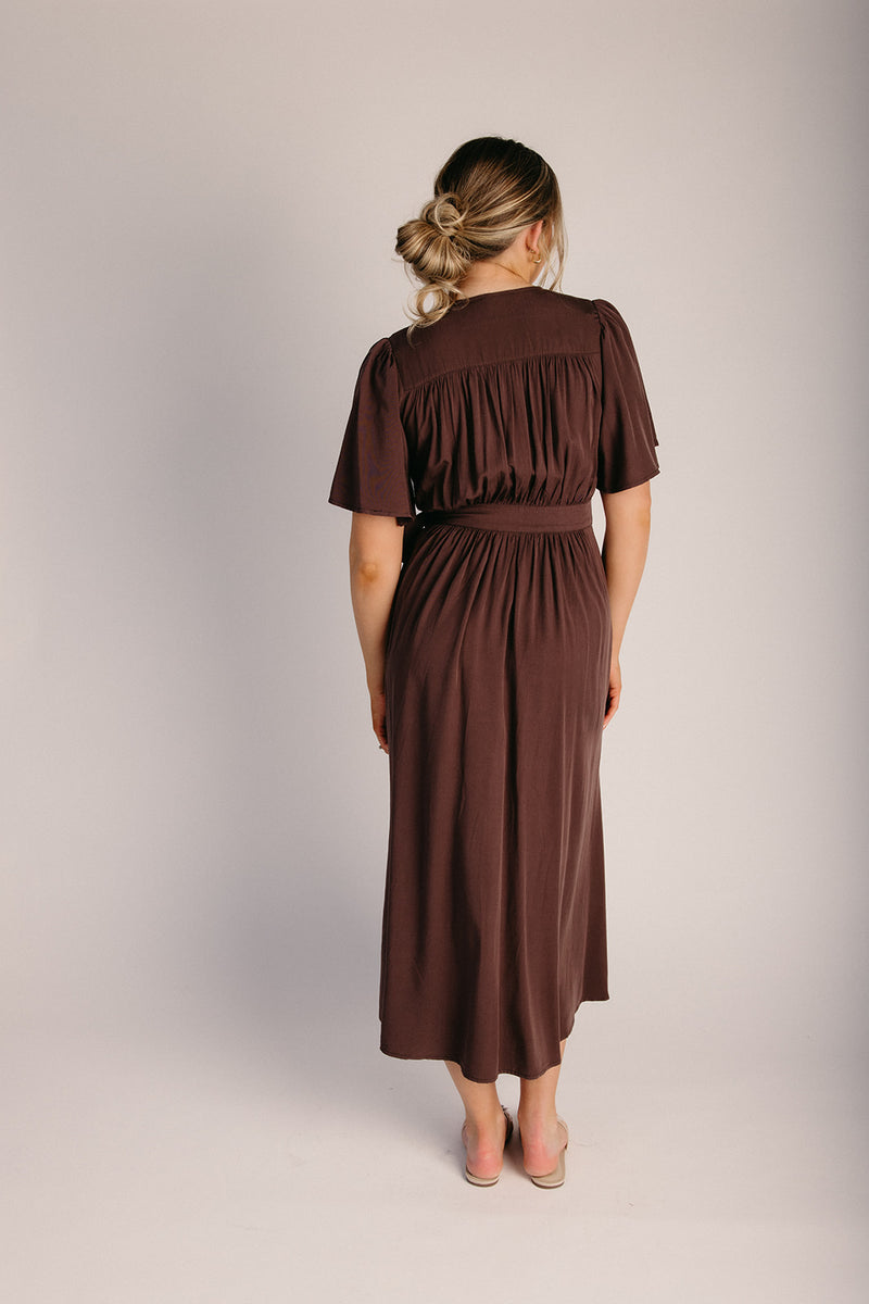 The Harrington Flutter Sleeve Wrap Dress in Espresso Small The Harrington Flutter Sleeve Wrap Dress in Espresso Small