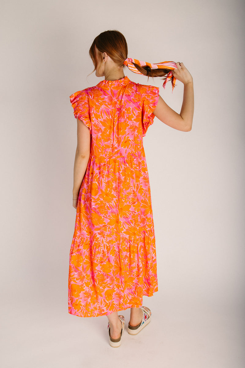 orange floral maxi dress The Winifred Ruffle Sleeve Maxi Dress in Orange – Piper & Scoot
