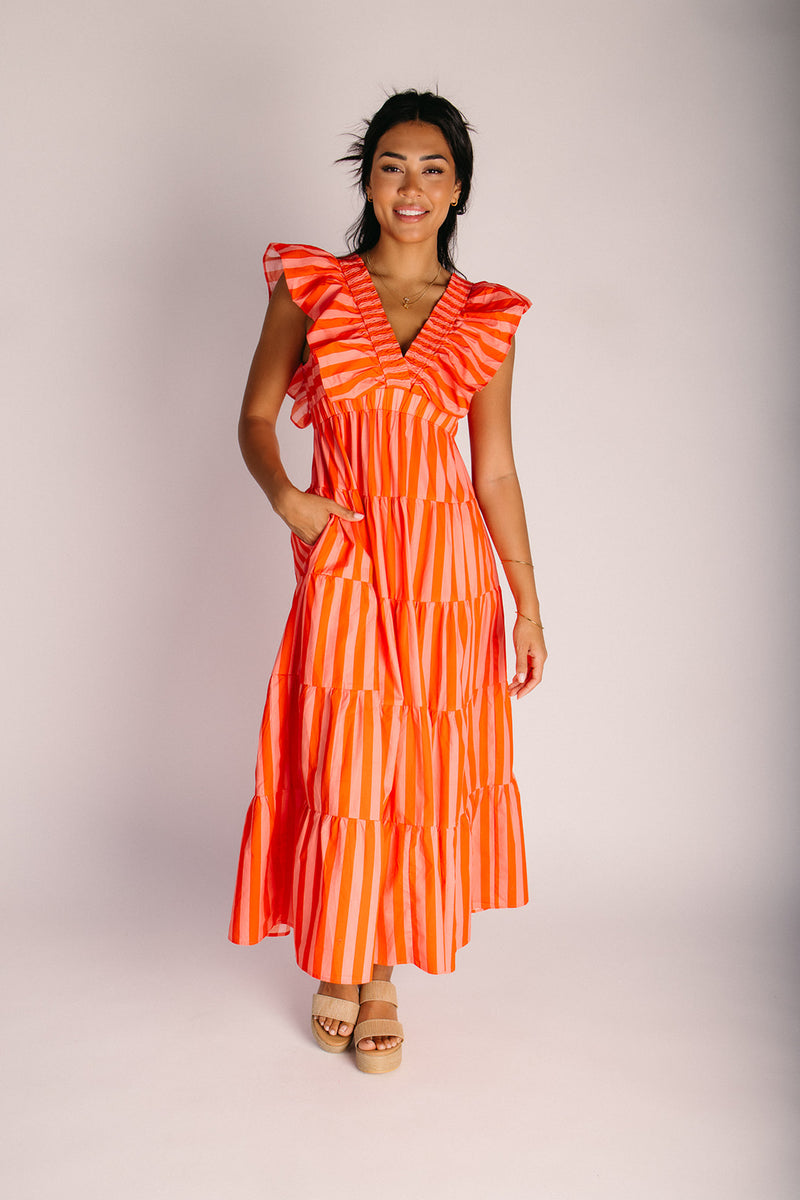 midi ruffle sleeve dress The Romney Ruffle Sleeve Midi Dress in Orange + Peach – Piper & Scoot
