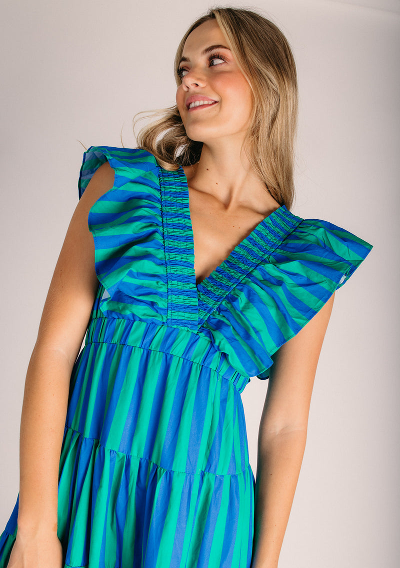 The Romney Ruffle Sleeve Midi Dress in Green + Blue Stripe – Piper & Scoot The Romney Ruffle Sleeve Midi Dress in Green + Blue Stripe – Piper & Scoot