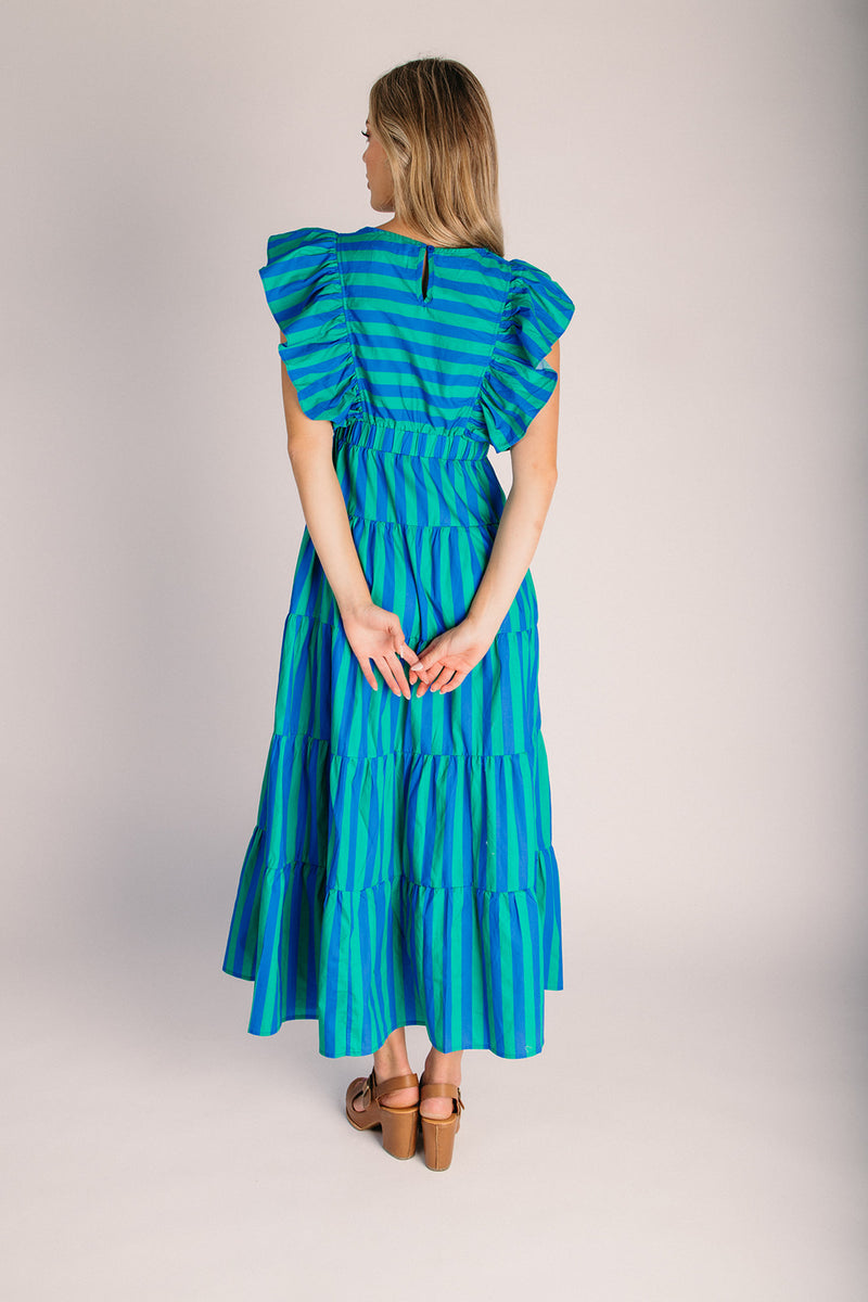 midi dress with ruffles The Romney Ruffle Sleeve Midi Dress in Green + Blue Stripe – Piper & Scoot