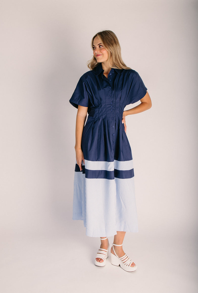 The Frigo Cinch Waist Maxi Dress in Navy Combo  Piper & Scoot