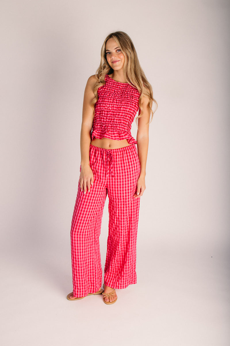 The Etana Gingham Drawstring Pant in Fuchsia Multi – Piper & Scoot