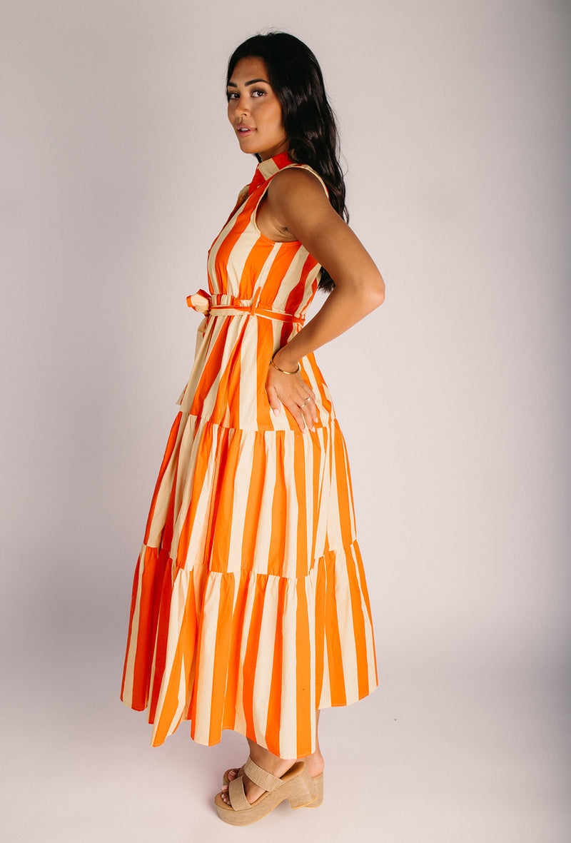 The Nyra Striped Button-Up Dress in Yellow + Orange