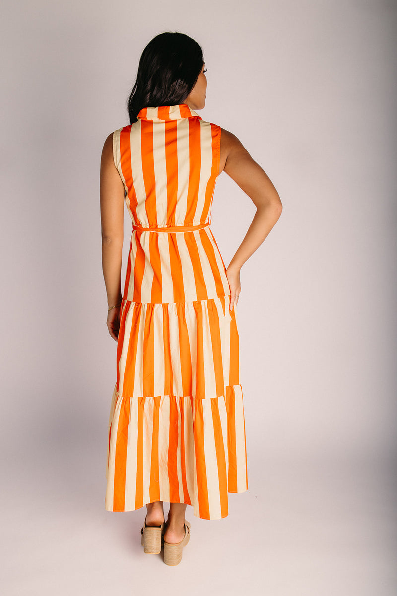 white and orange striped dress Women's From All Angles Orange & White Stripe Cotton Midi Dress | Size: M