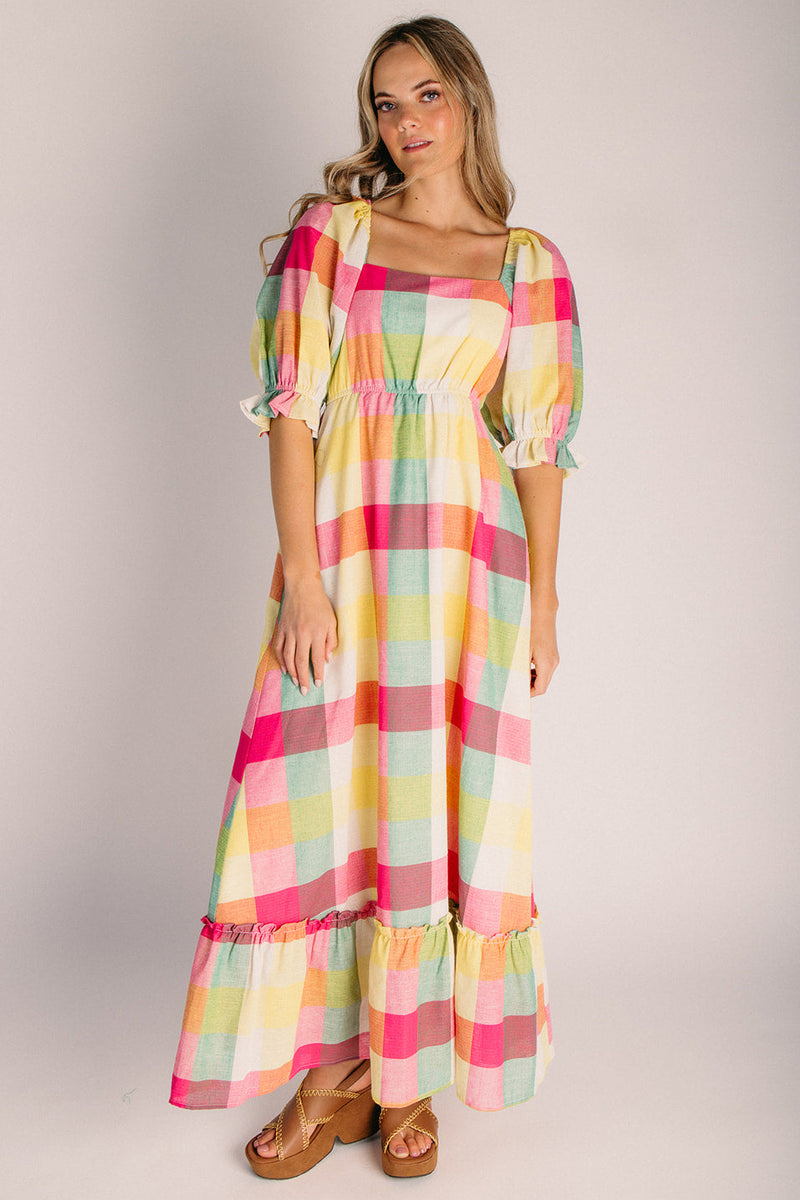 The Estella Plaid Patterned Maxi Dress in Rainbow