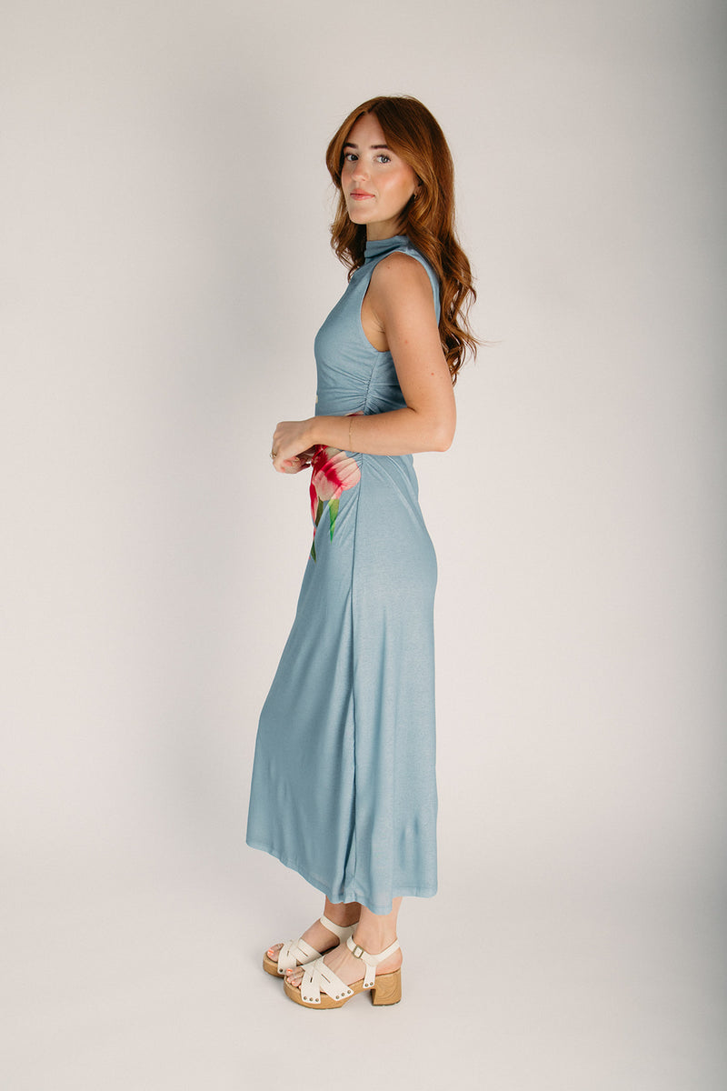 dusty blue floral pleated midi dress Dusty Blue Midi Dress Under $100
