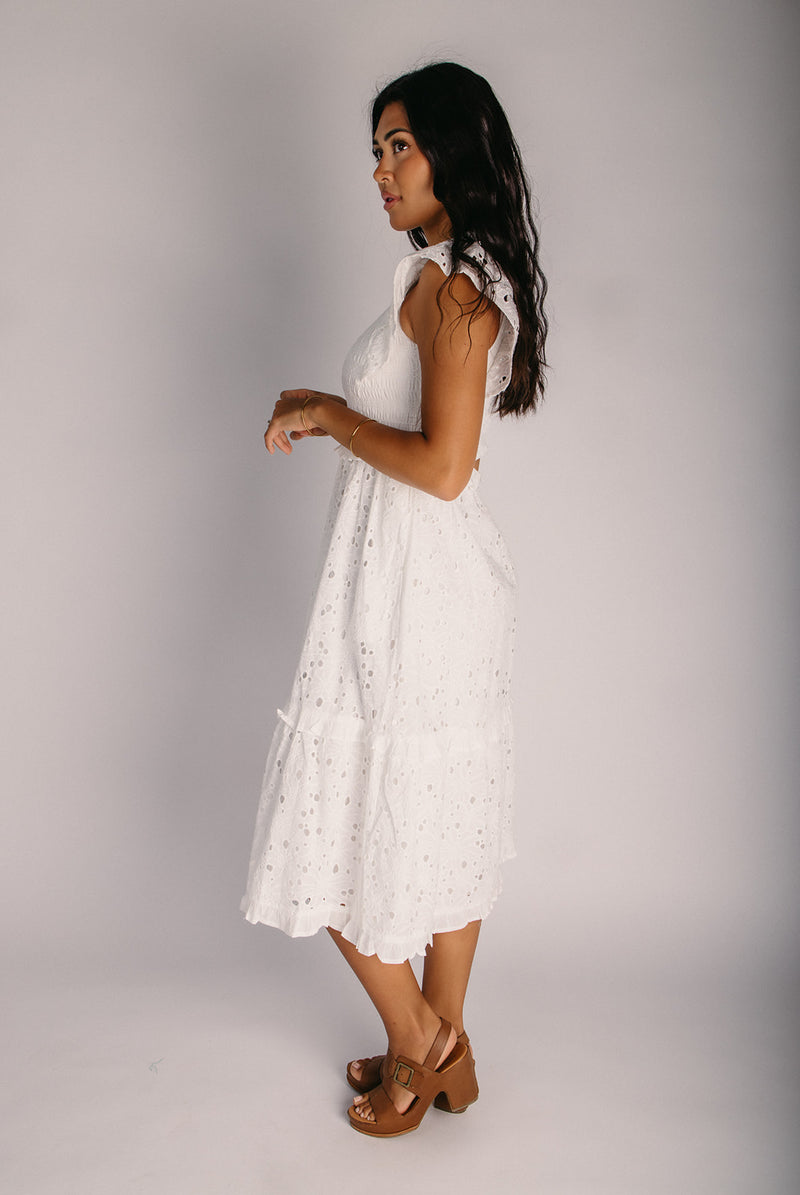 The Cassian Eyelet Mock Neck Midi Dress in Ivory X-Large