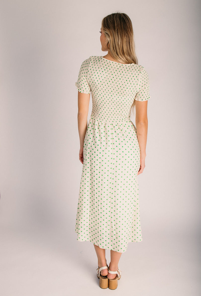 The Fawnie Smocked Polka Dot Midi Dress in Yellow + Green – Piper & Scoot