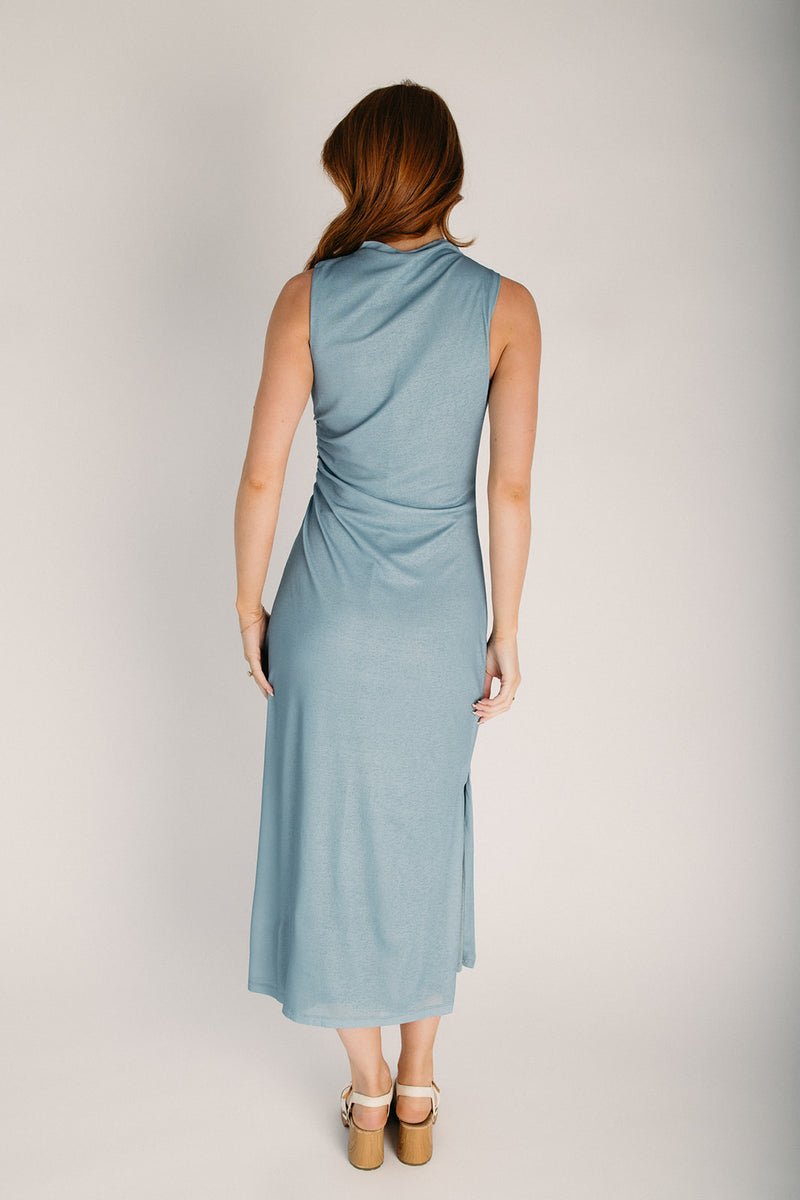 blue grey midi dress Made The Right Call Chambray Blue Collared Midi T-Shirt Dress