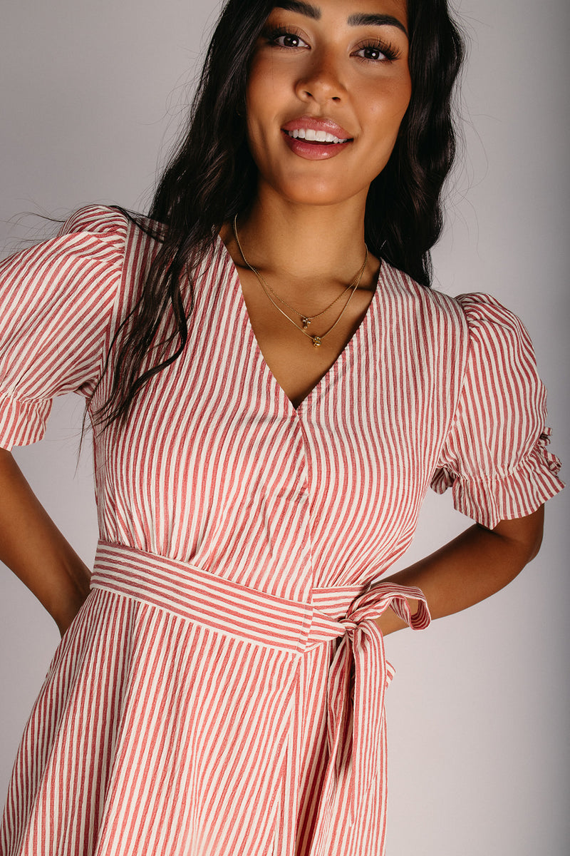 The Rawlins Textured Midi Wrap Dress in Red Small