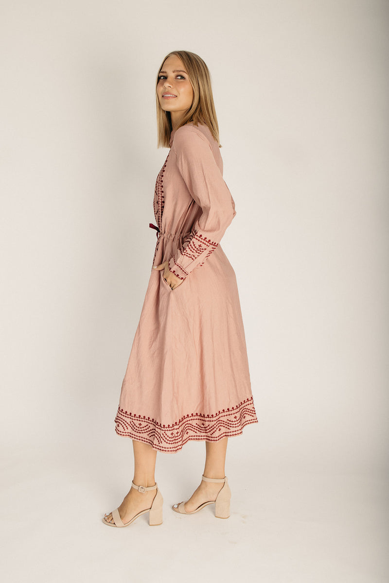 The Barron Boho Embroidered Midi Dress in Dusty Rose – Piper & Scoot