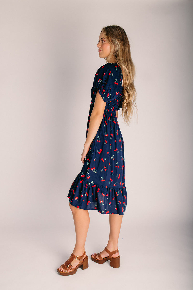 summer midi dress The Tashina Cherry Summer Midi Dress in Midnight – Piper & Scoot