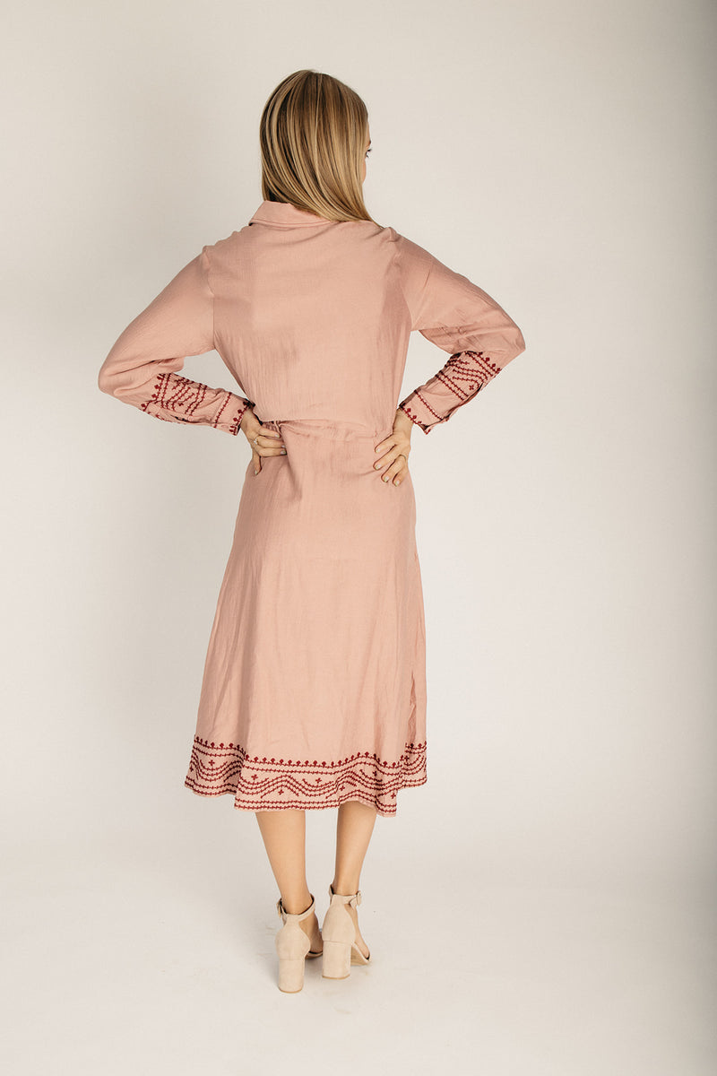 The Barron Boho Embroidered Midi Dress in Dusty Rose