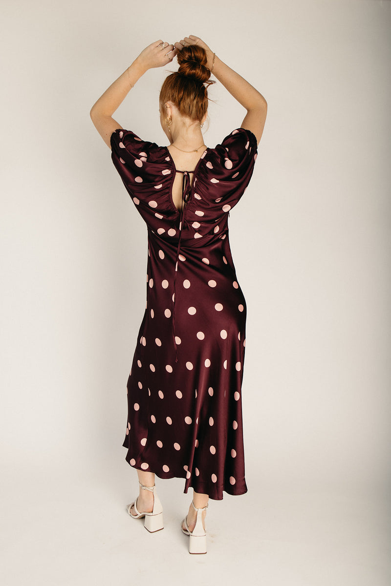 The Tyron Dolman Sleeve Maxi Dress in Burgundy + Pink Dot – Piper & Scoot