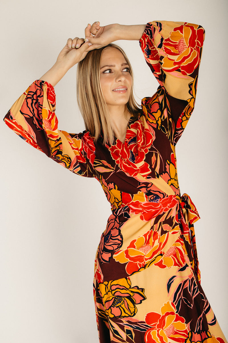 The Upton Floral Midi Wrap Dress in Pink + Brown – Piper & Scoot