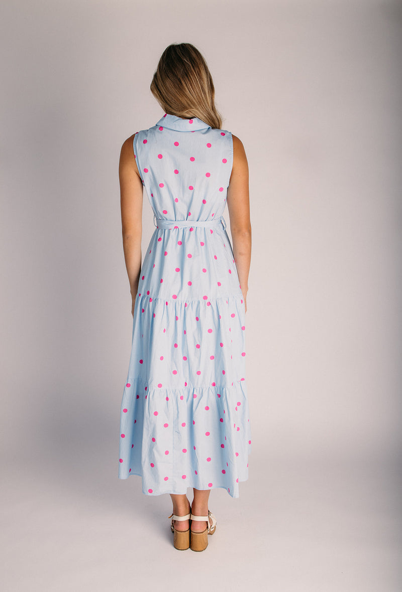 The Nyra Polka Dot Button-Up Dress in Light Blue + Pink  Piper & Scoot