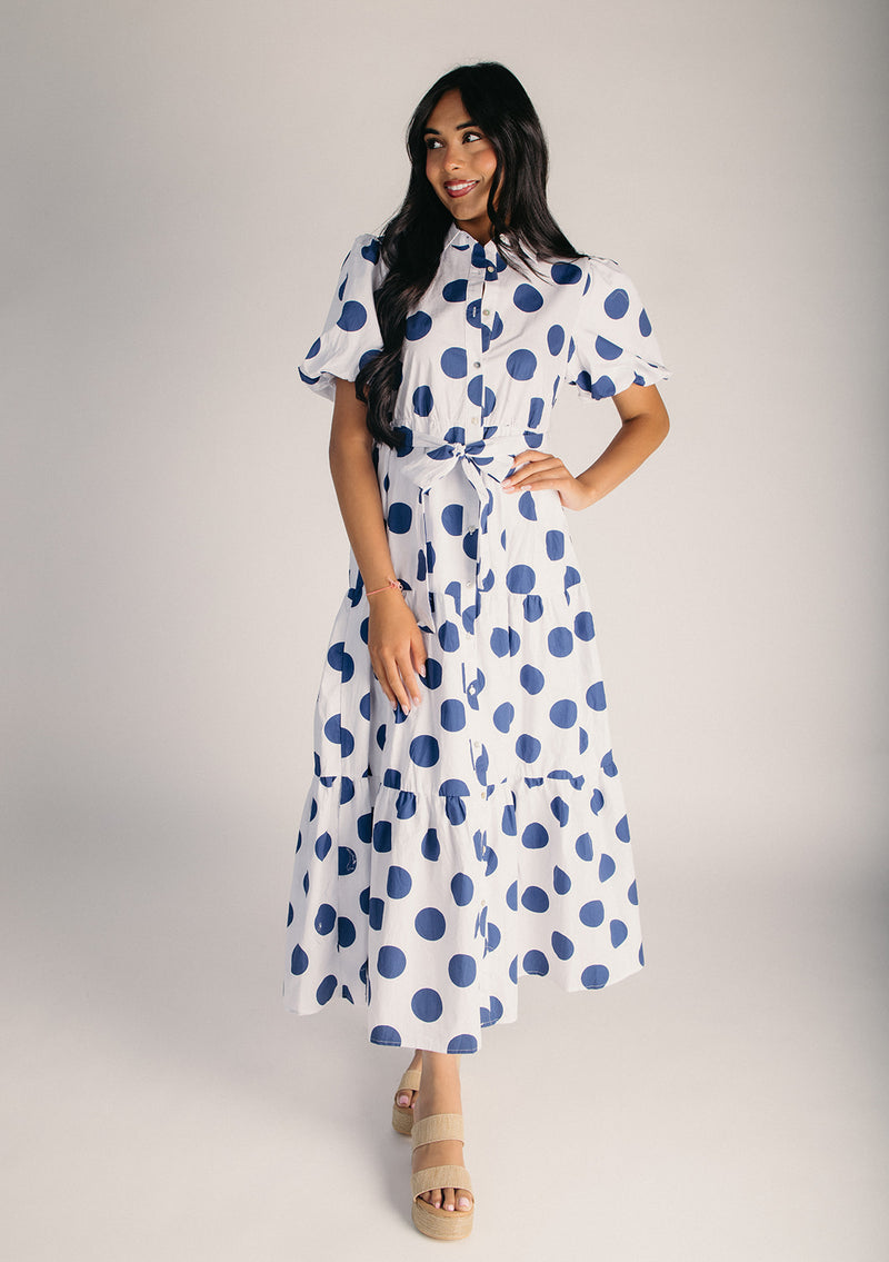 blue and white polka dot midi dress Polka Dot Maxi Dress-Blue