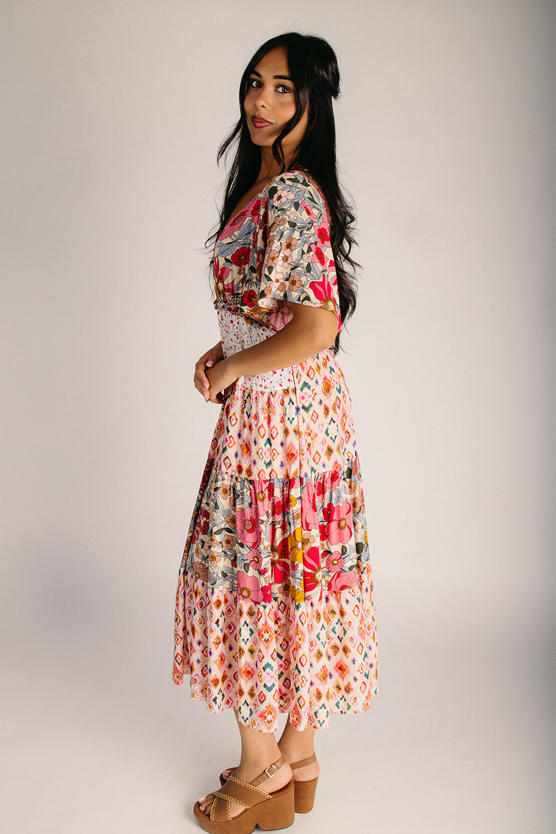 floral midi maxi dress The Marlina in Rose X-Large Color:Blush Bloom Christmas Evening Dresses – Model is 59 Party Shop 1