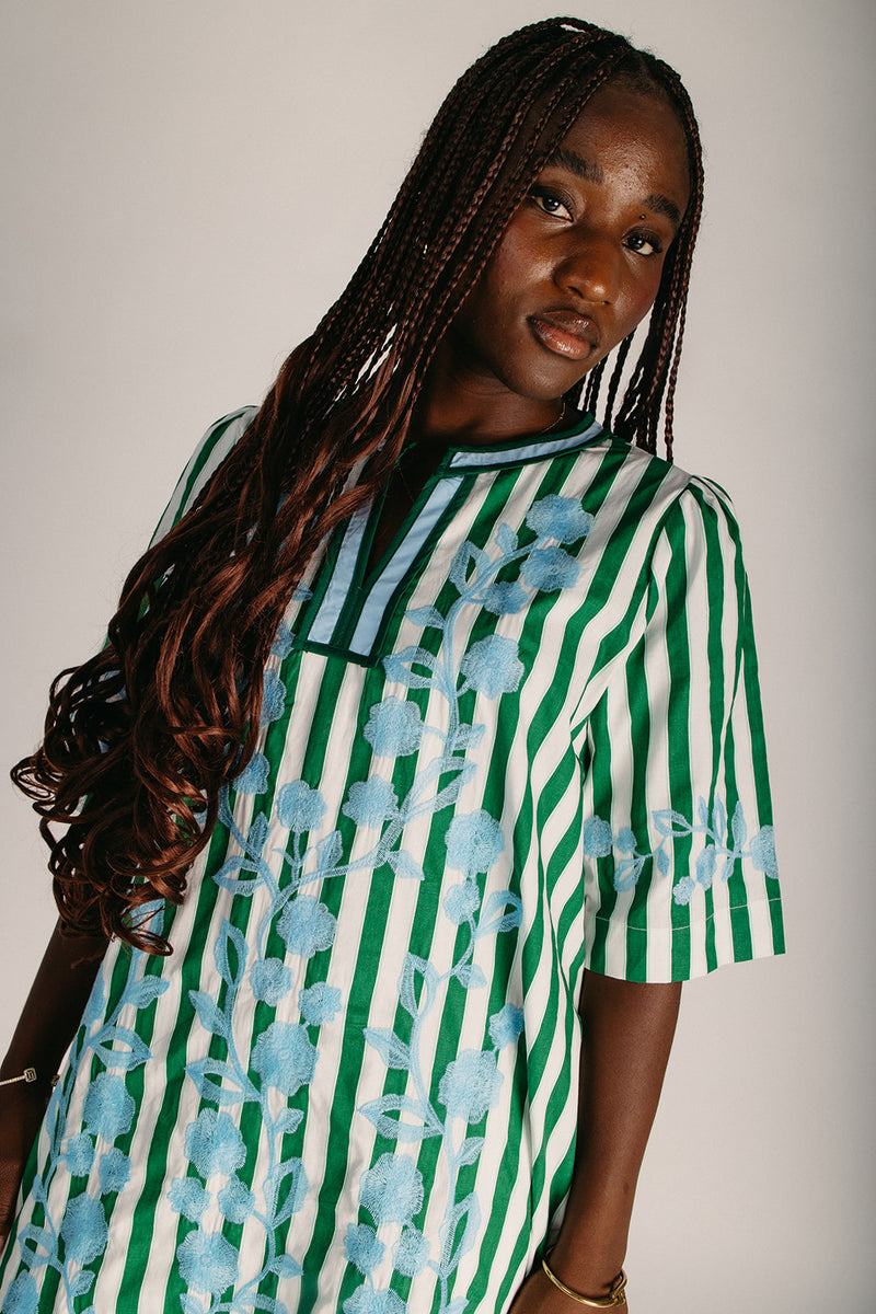 striped embroidered dress The Nissley Embroidered V-Neck Dress in Green Stripe Medium